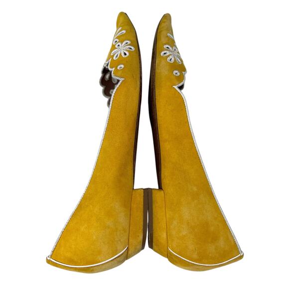 Tabitha Simmons Suede Embroidered Eyelet Flat 39 Gold Mustard 9 - Picture 4 of 12